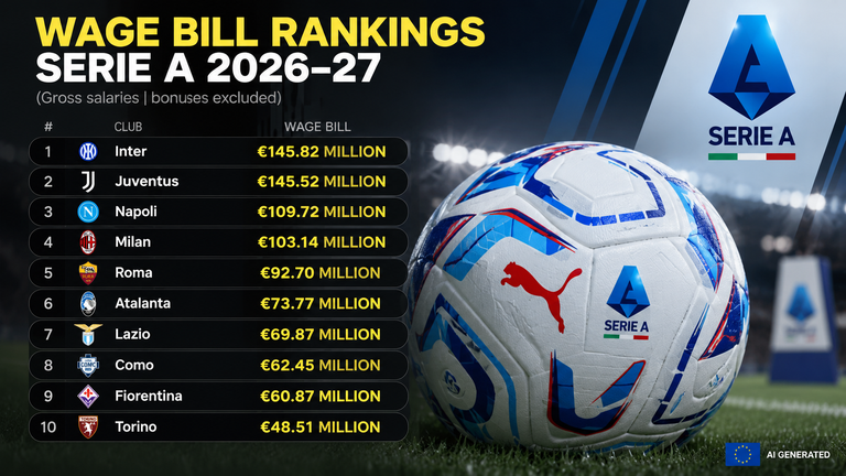 Milan's gross wage bill sits fourth in Serie A at €103m, over €40m behind Inter and Juventus