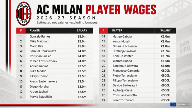 Milan's 2026-27 wage bill rises to €103m gross but gap to Inter and Juventus remains wide